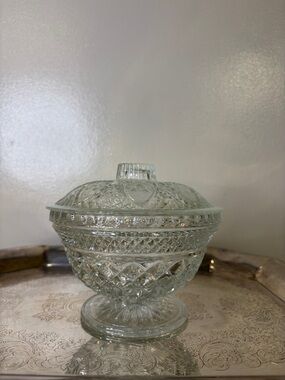 Vintage MakeUp Organizer, Candy Dish Glass Covered Compote Clear Heart Bow